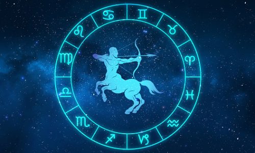 sagittarius horoscope sign in twelve zodiac with galaxy stars background